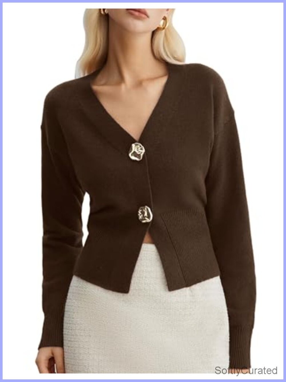Womens Cropped Gold Button V Neck Cardigan Sweater Long Sleeve